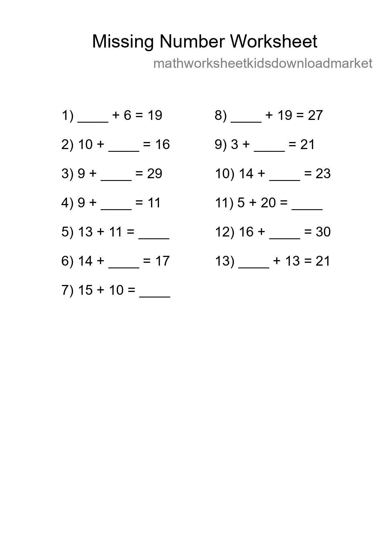Missing Number Math Worksheet