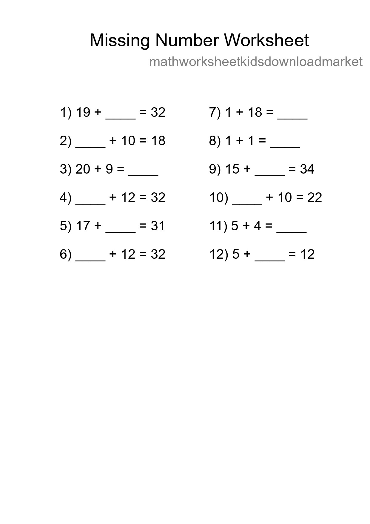 Missing Number Math Worksheet