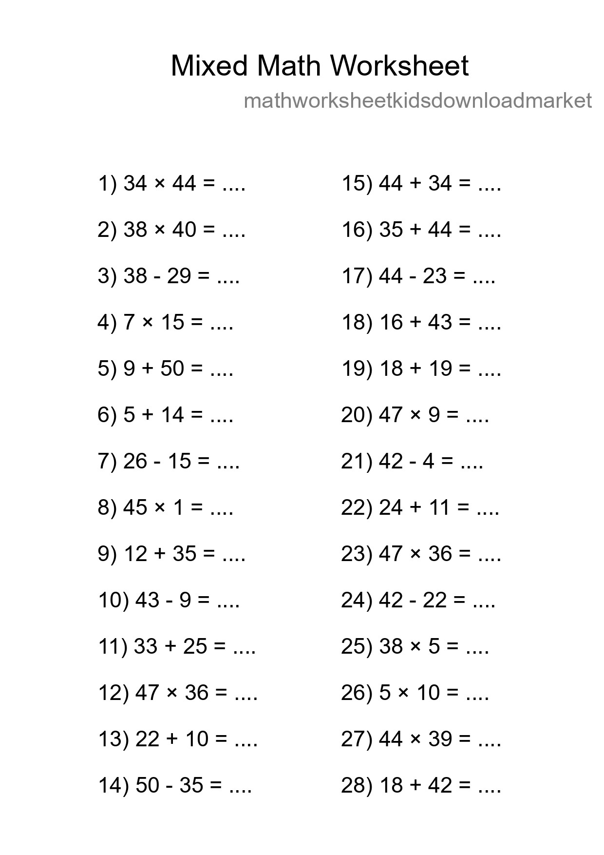 Mixed Operations Math Worksheet