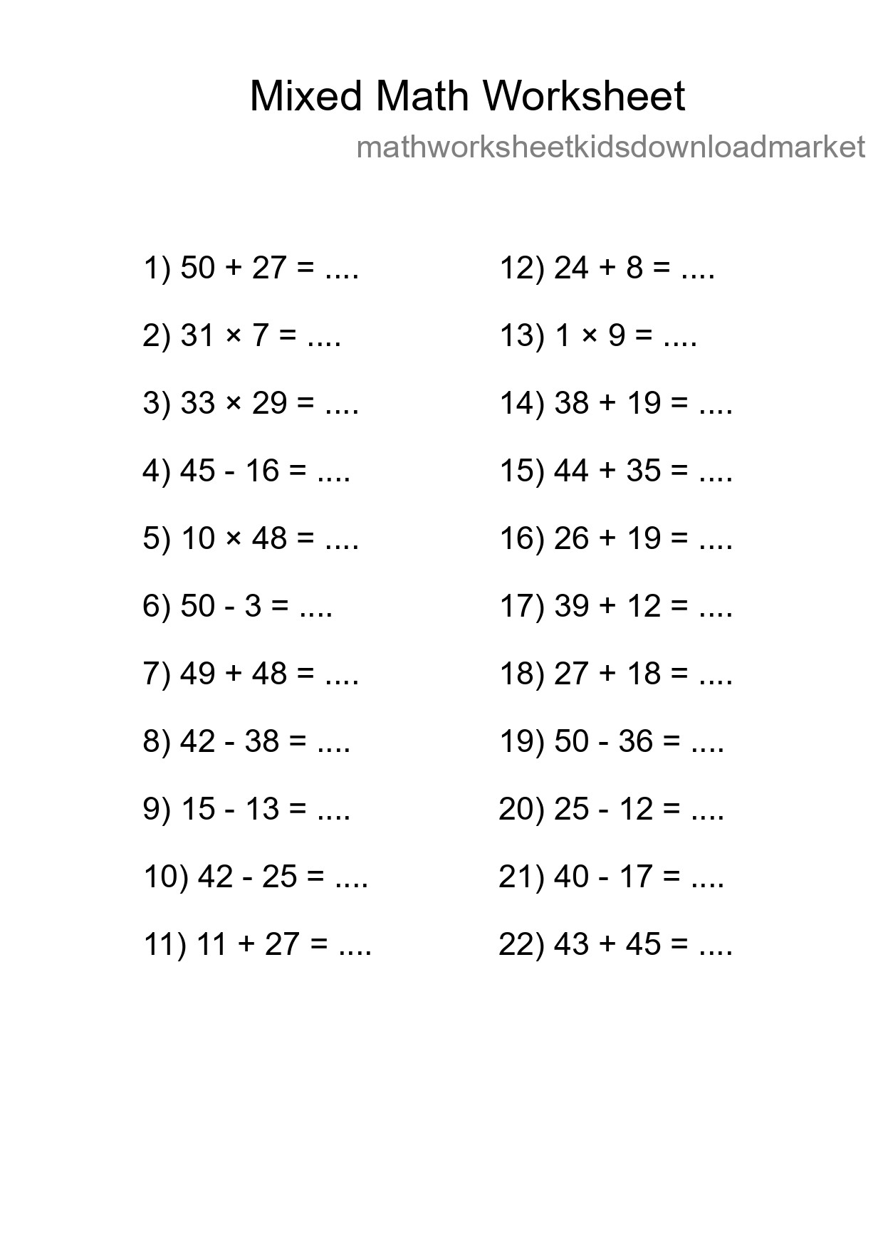 Mixed Operations Math Worksheet