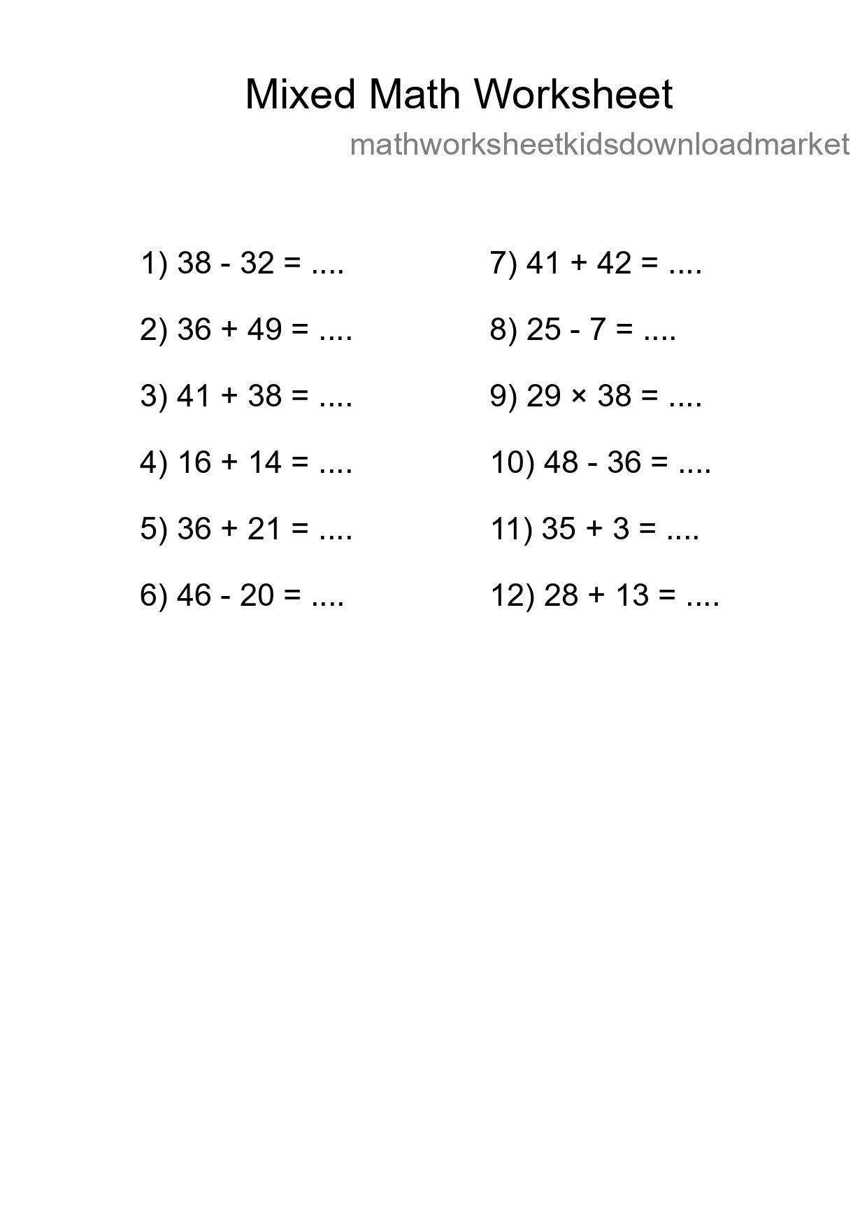 Mixed Operations Math Worksheet