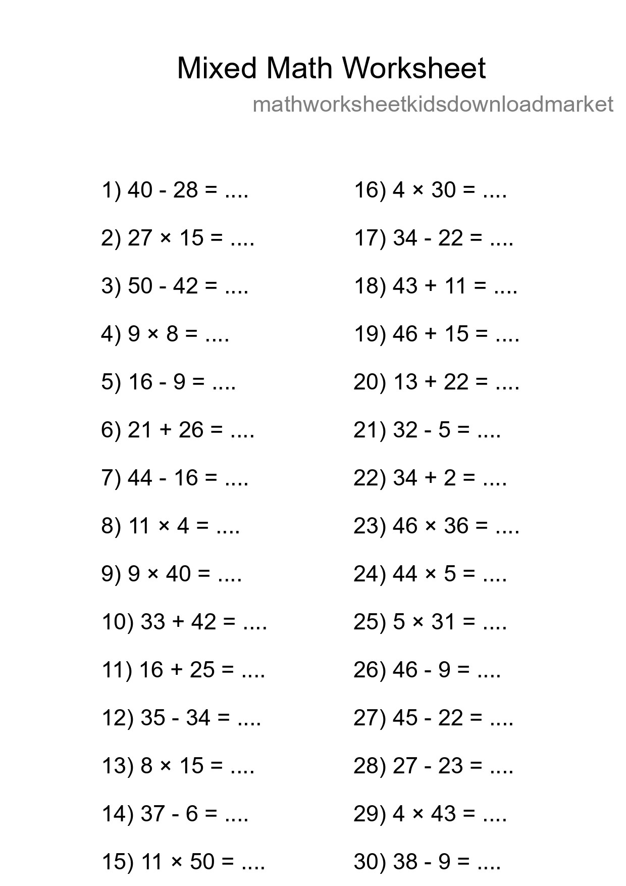 Mixed Operations Math Worksheet