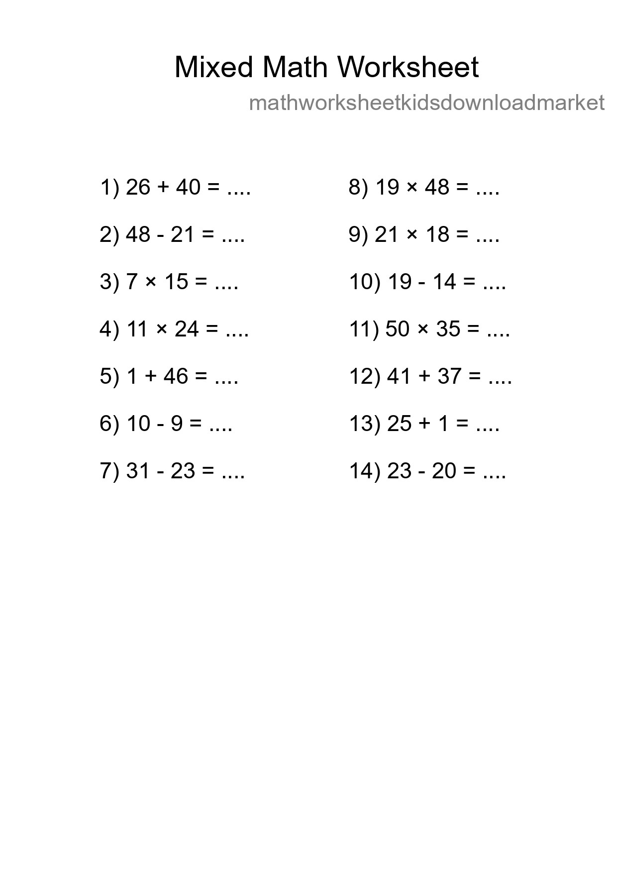 Mixed Operations Math Worksheet