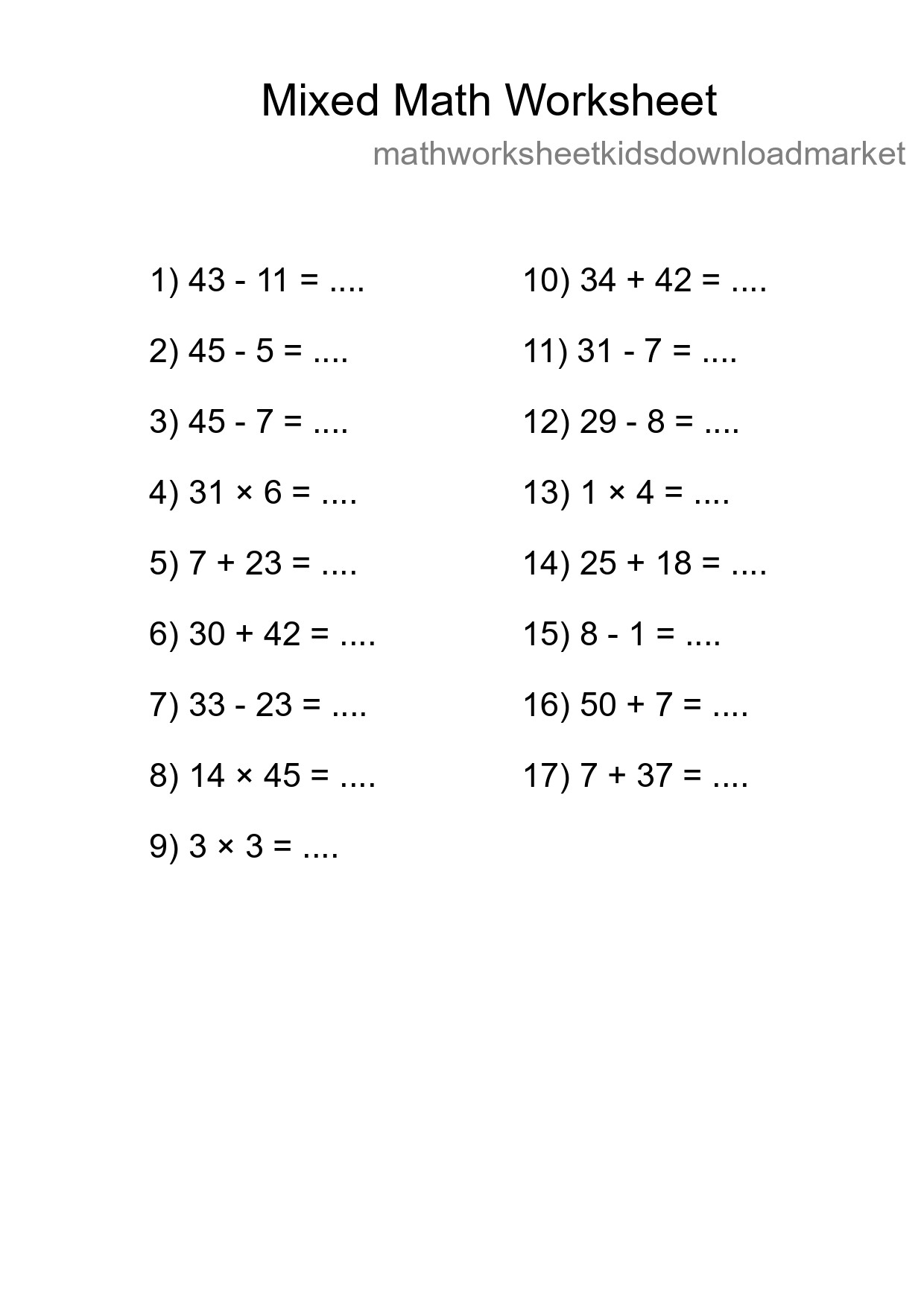 Mixed Operations Math Worksheet