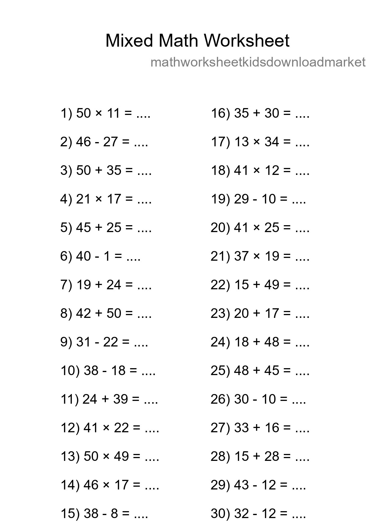 Mixed Operations Math Worksheet