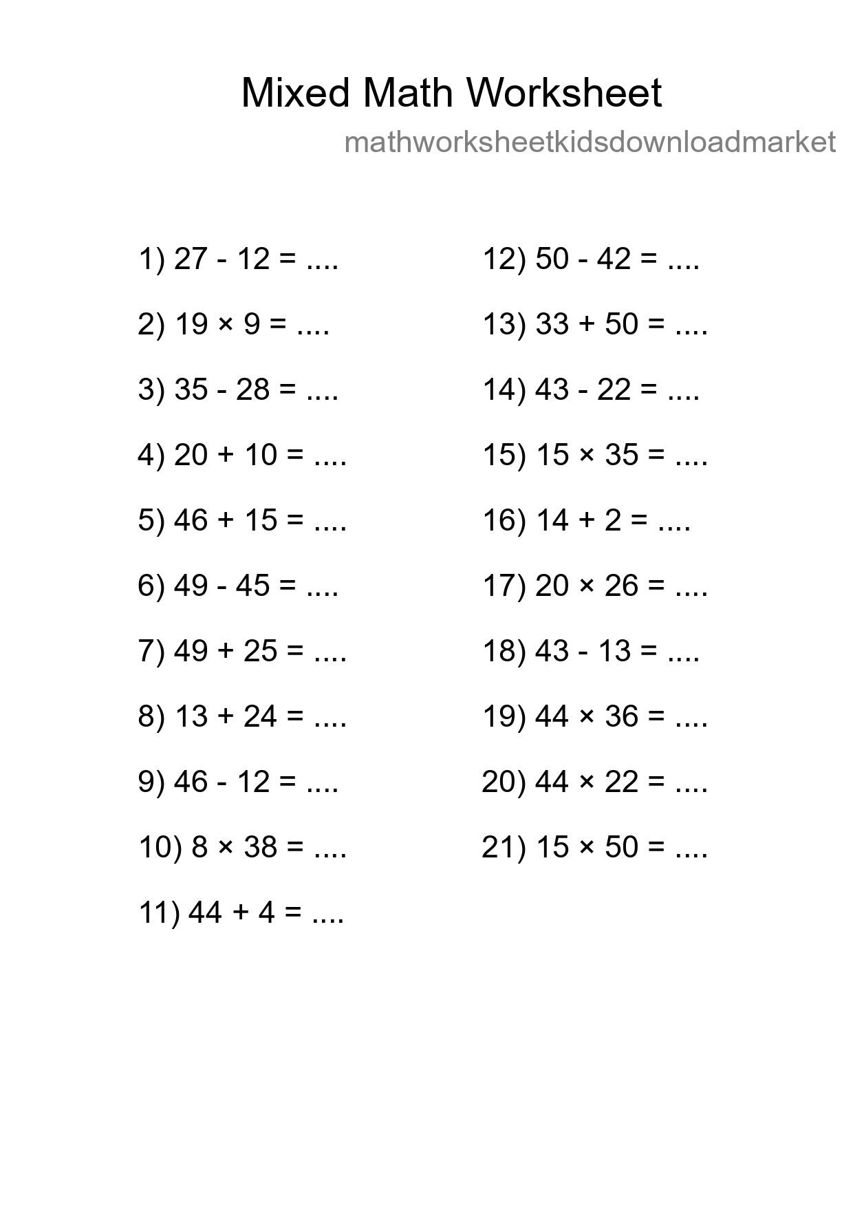 Mixed Operations Math Worksheet