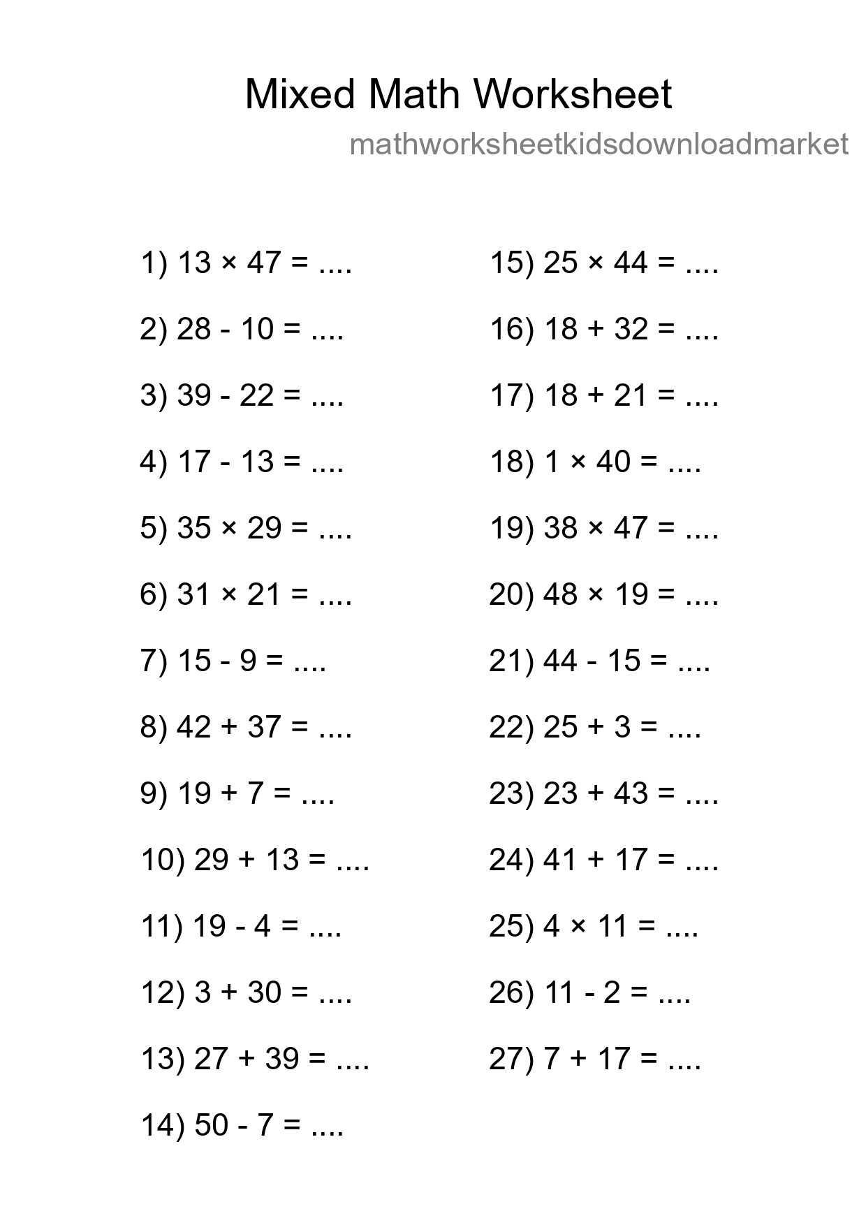 Mixed Operations Math Worksheet