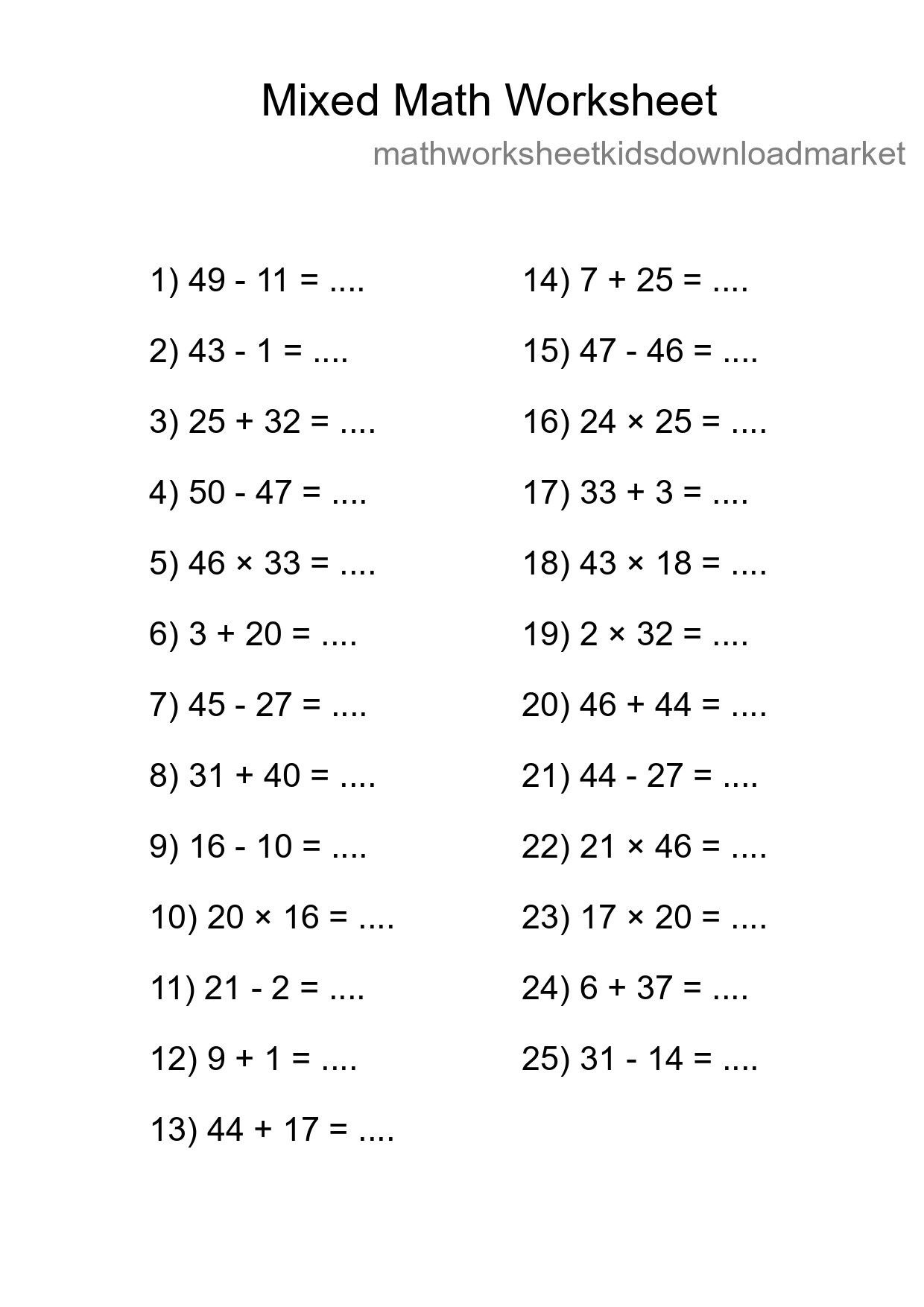 Mixed Operations Math Worksheet