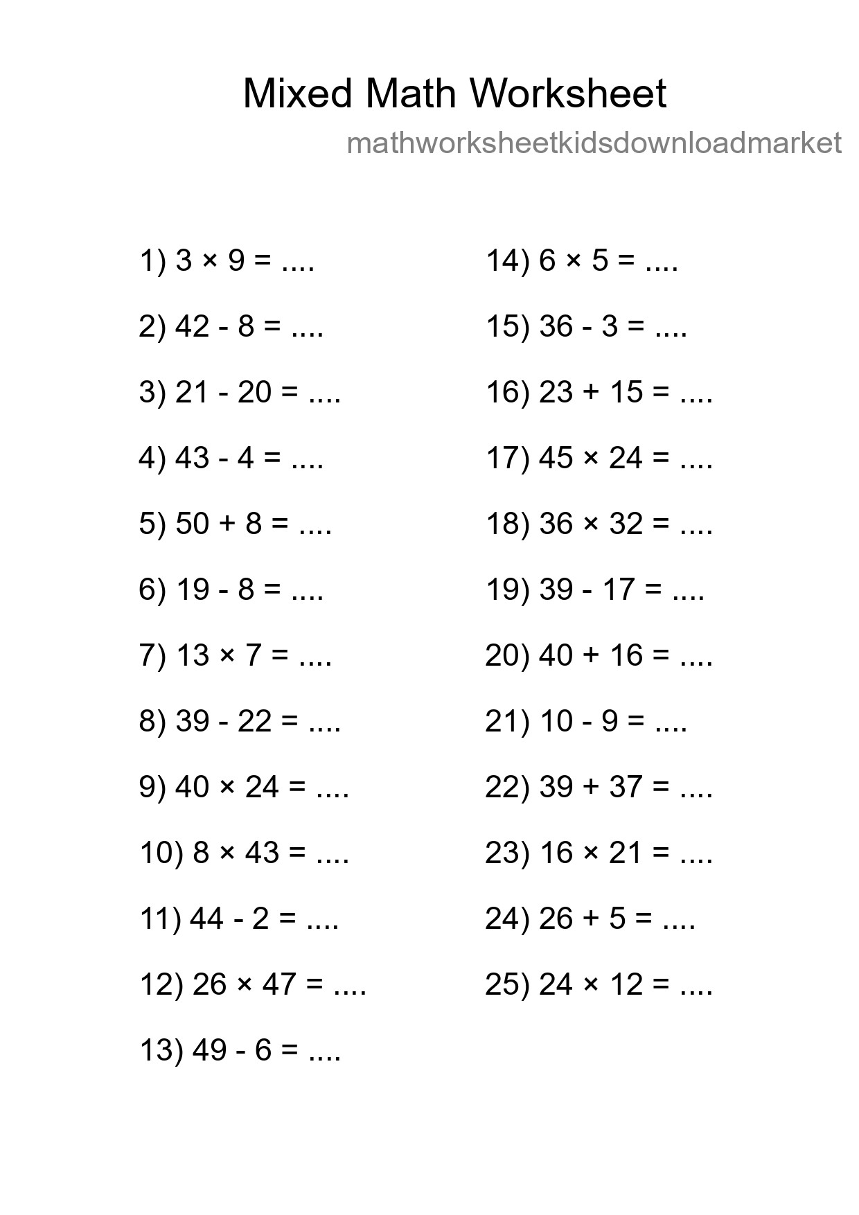 Mixed Operations Math Worksheet