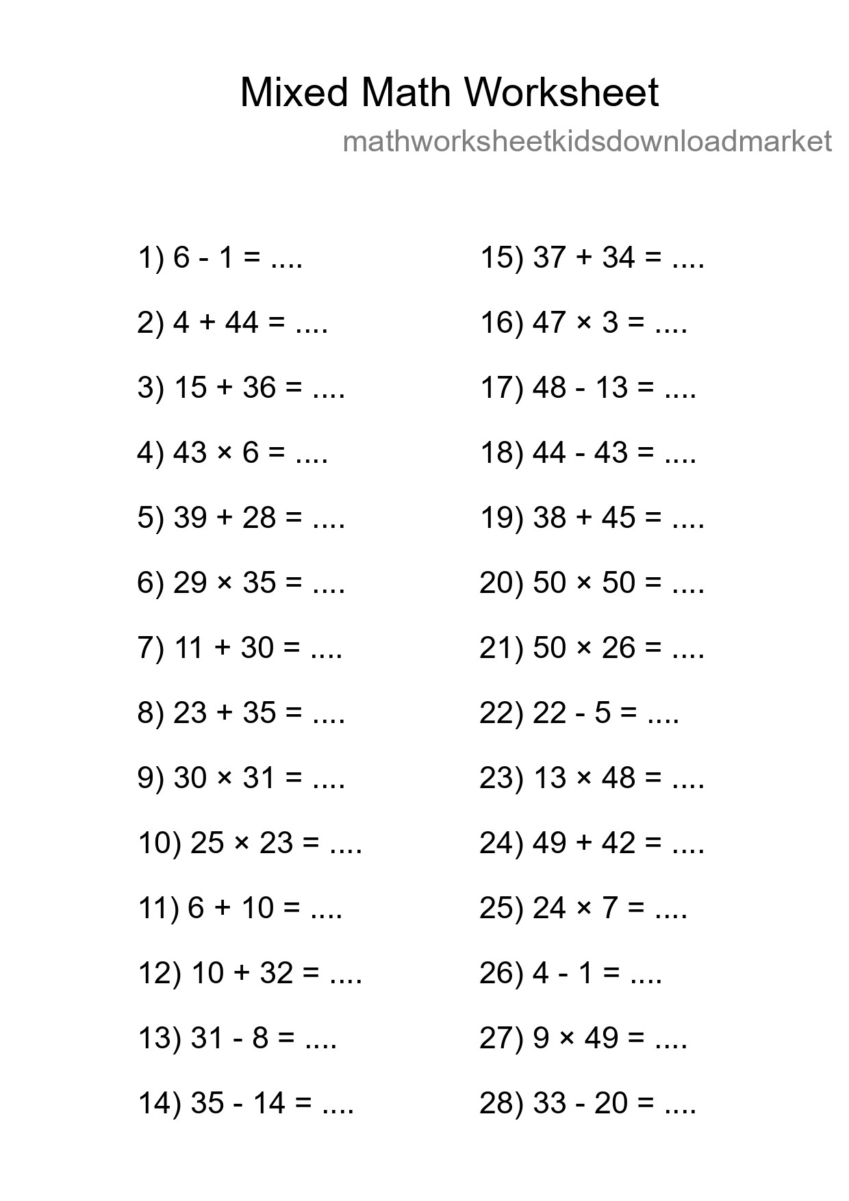 Mixed Operations Math Worksheet