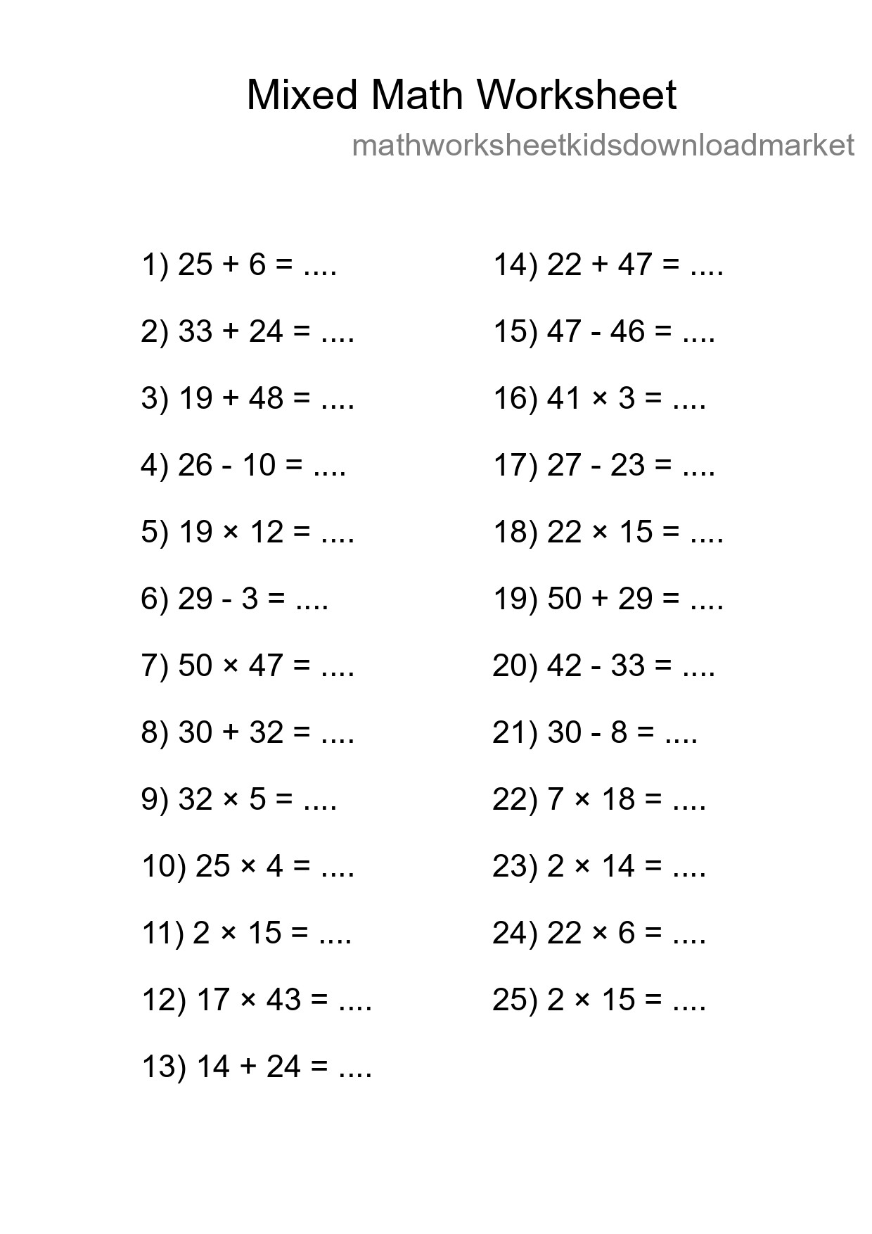 Mixed Operations Math Worksheet
