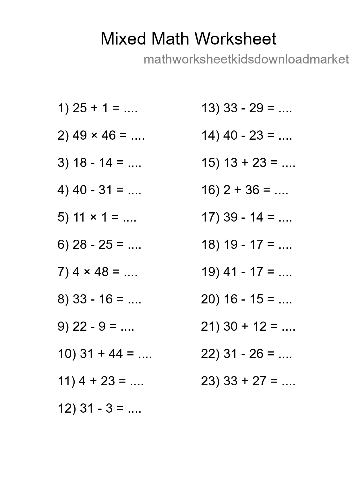 Mixed Operations Math Worksheet