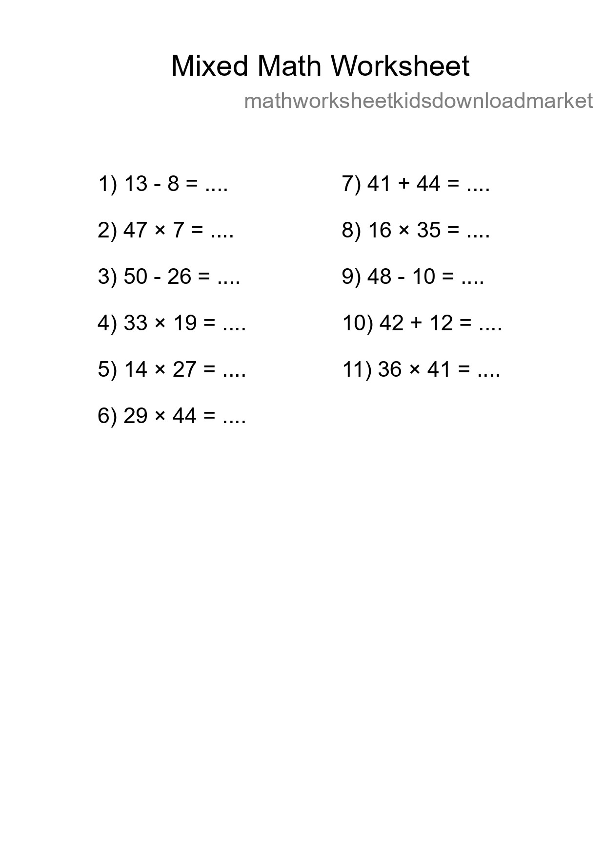 Mixed Operations Math Worksheet