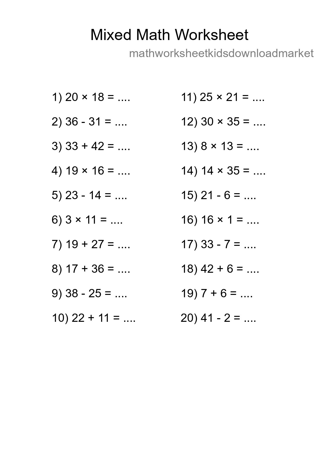 Mixed Operations Math Worksheet