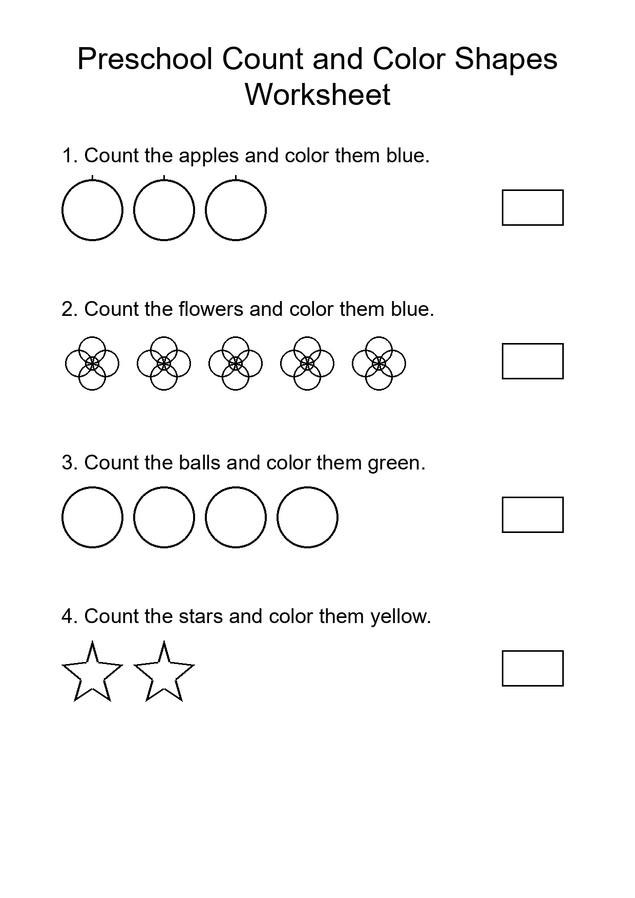Preschool Count and Color Shapes Worksheet
