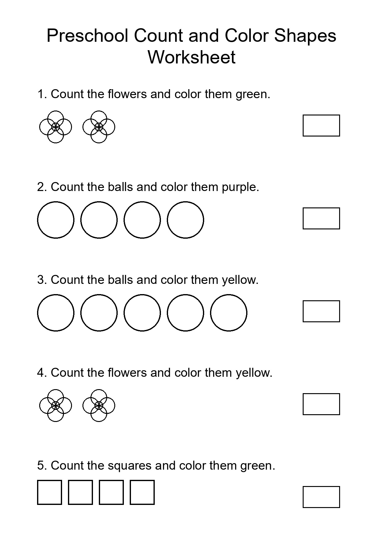Preschool Count and Color Shapes Worksheet