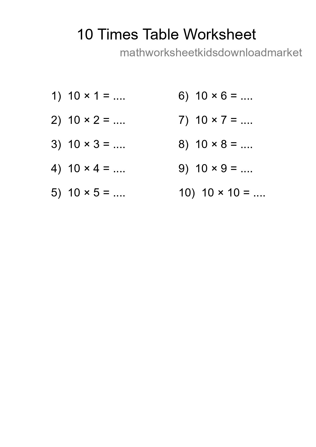 Printable 10 Times Table Worksheet For Grade 3 - Part 9