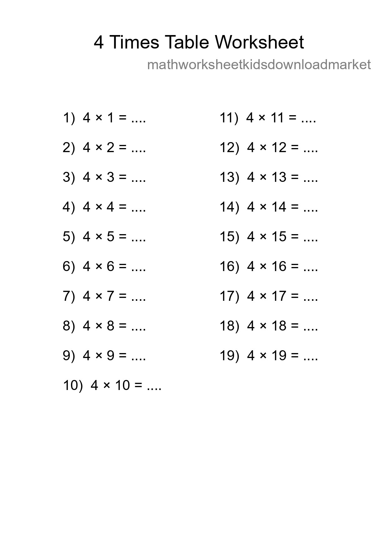 Printable 4 Times Table Worksheet For Grade 2 - Part 229