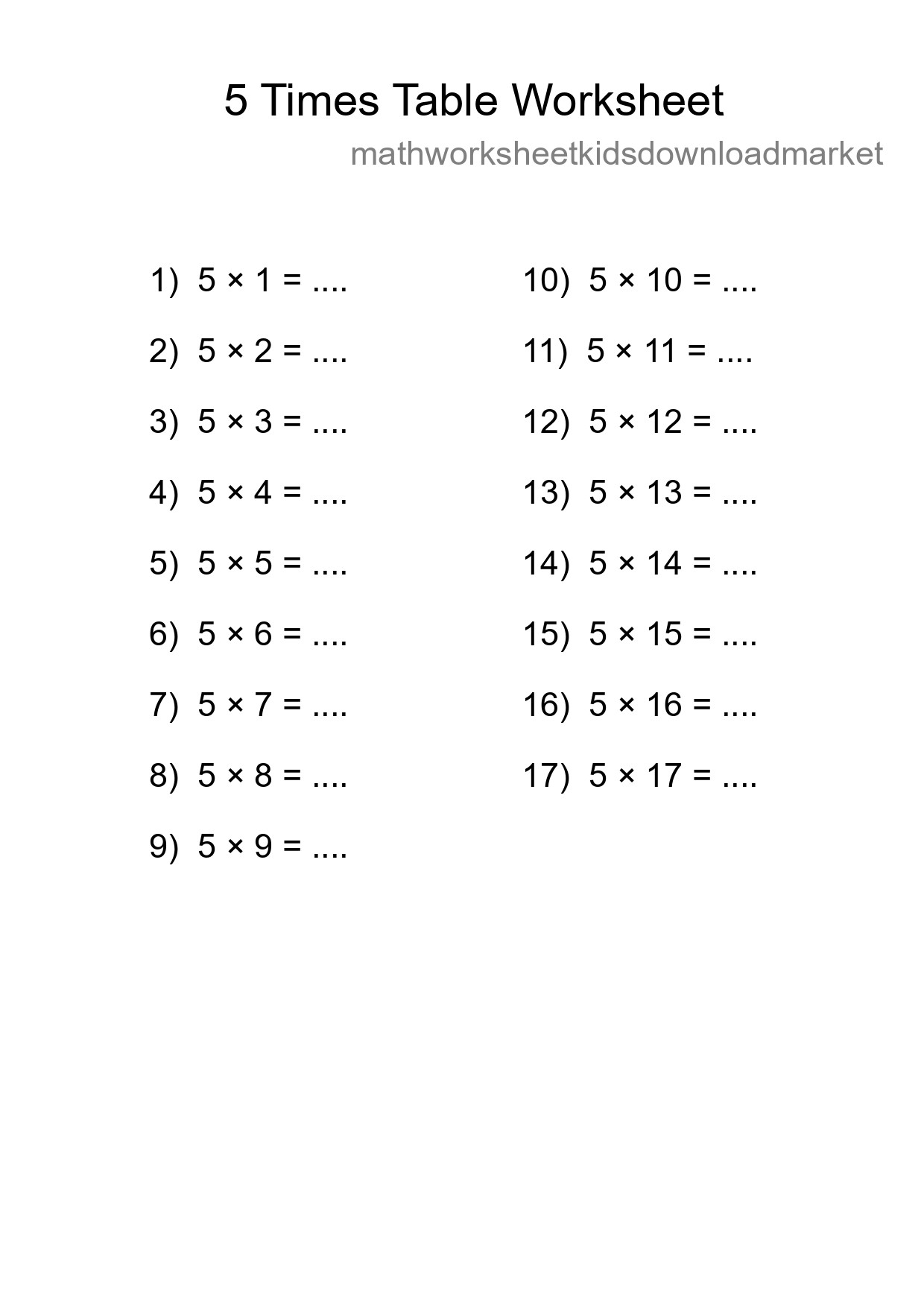 Printable 5 Times Table Worksheet For Grade 2 - Part 141