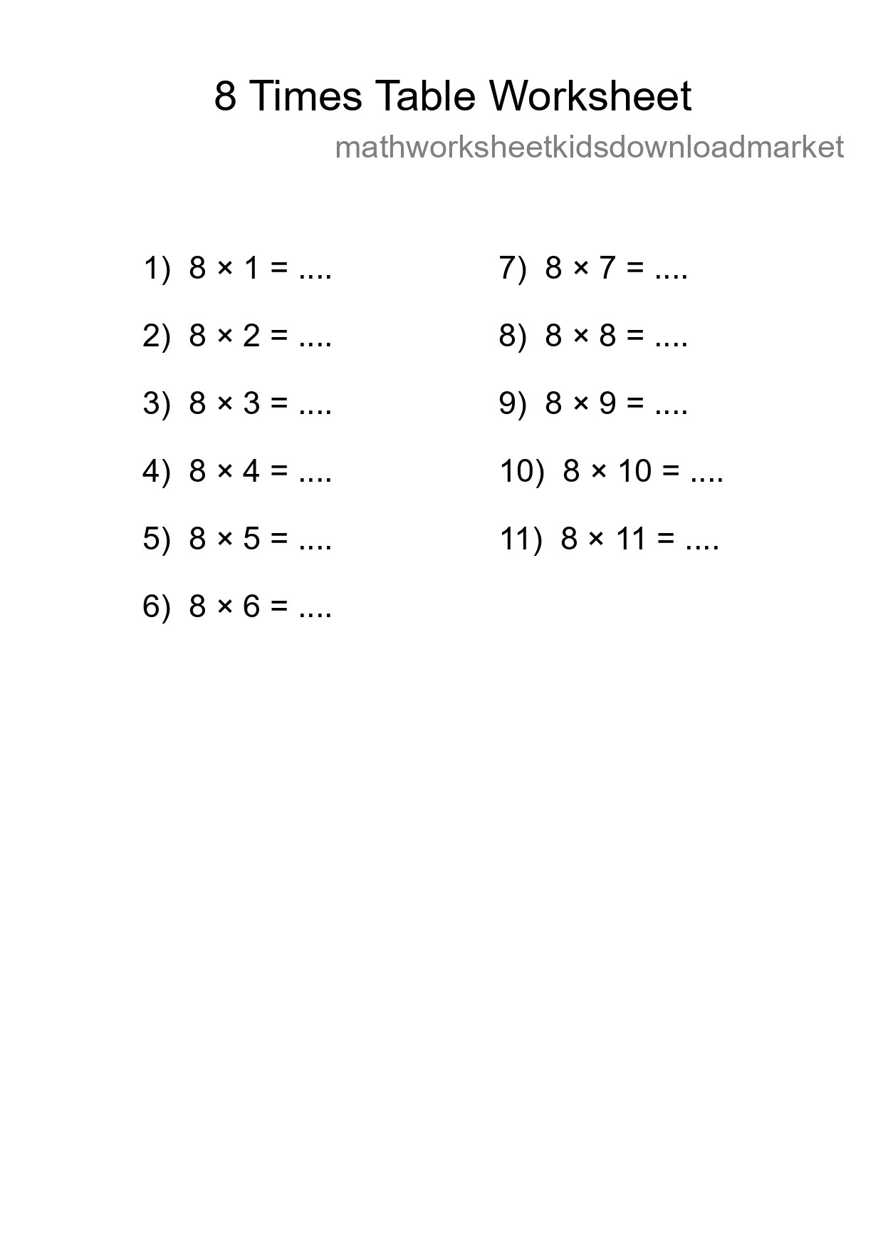 Printable 8 Times Table Worksheet For Grade 3 - Part 75