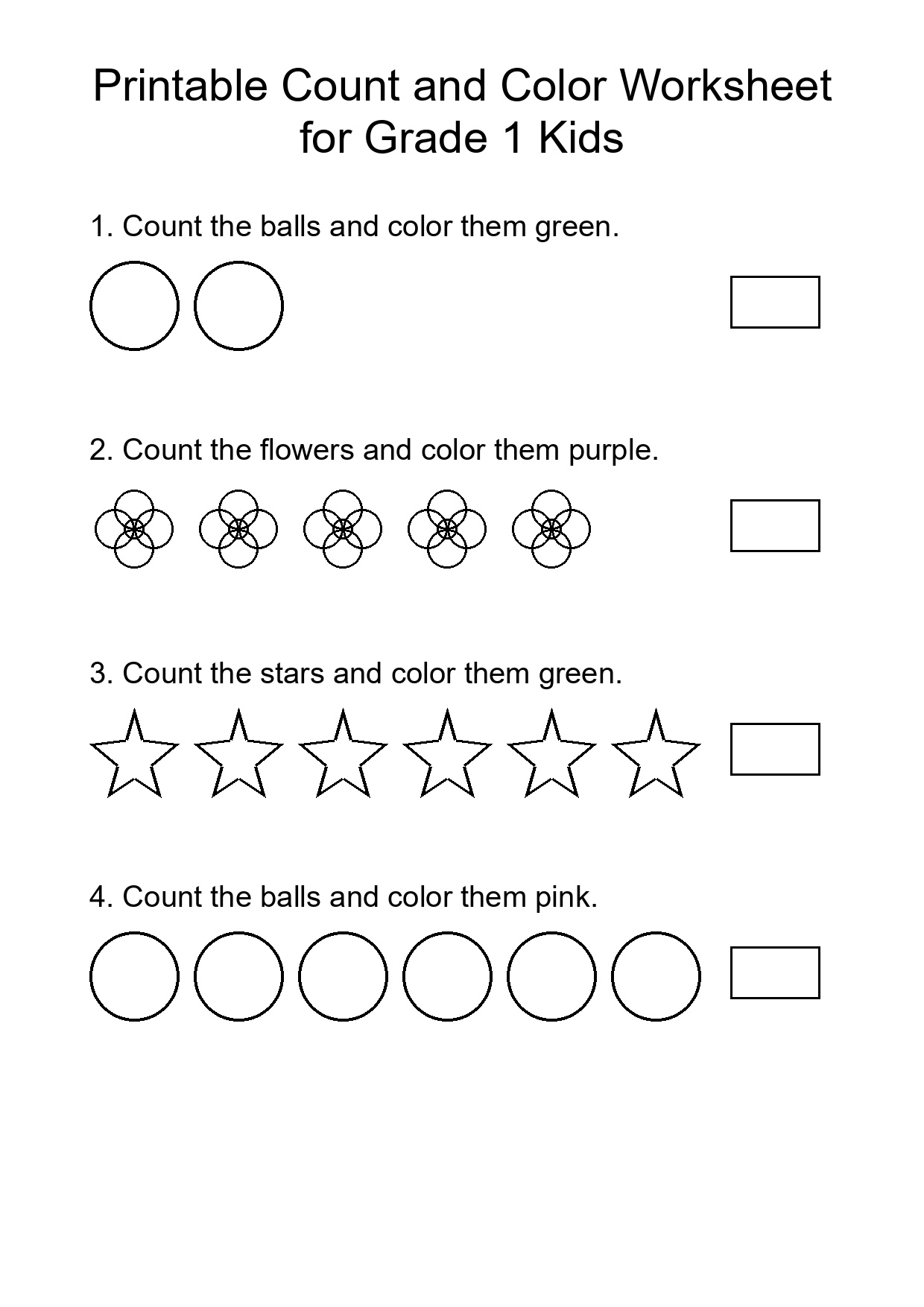 Printable Count and Color Worksheet for Grade 1 Kids