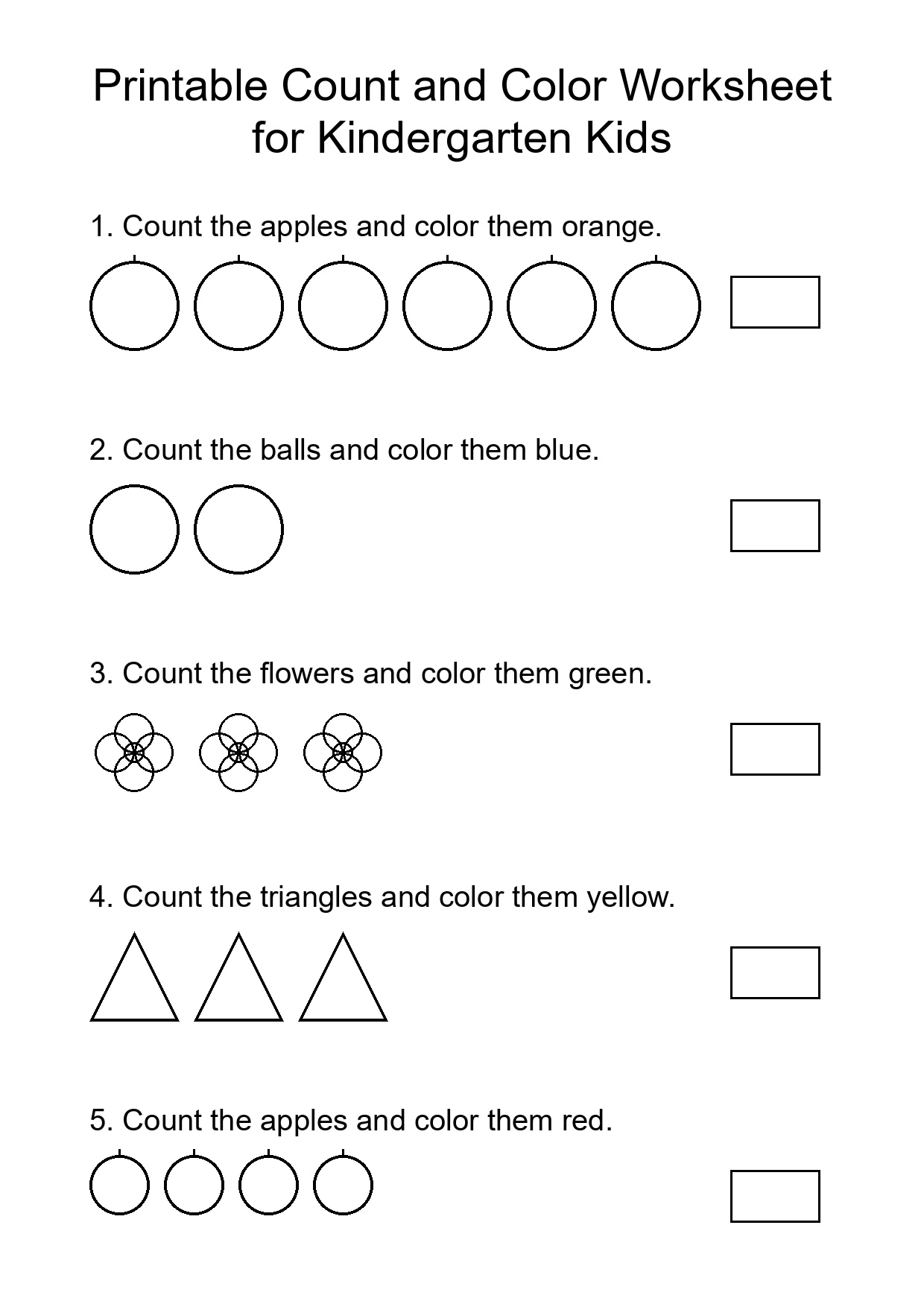 Printable Count and Color Worksheet for Kindergarten Kids