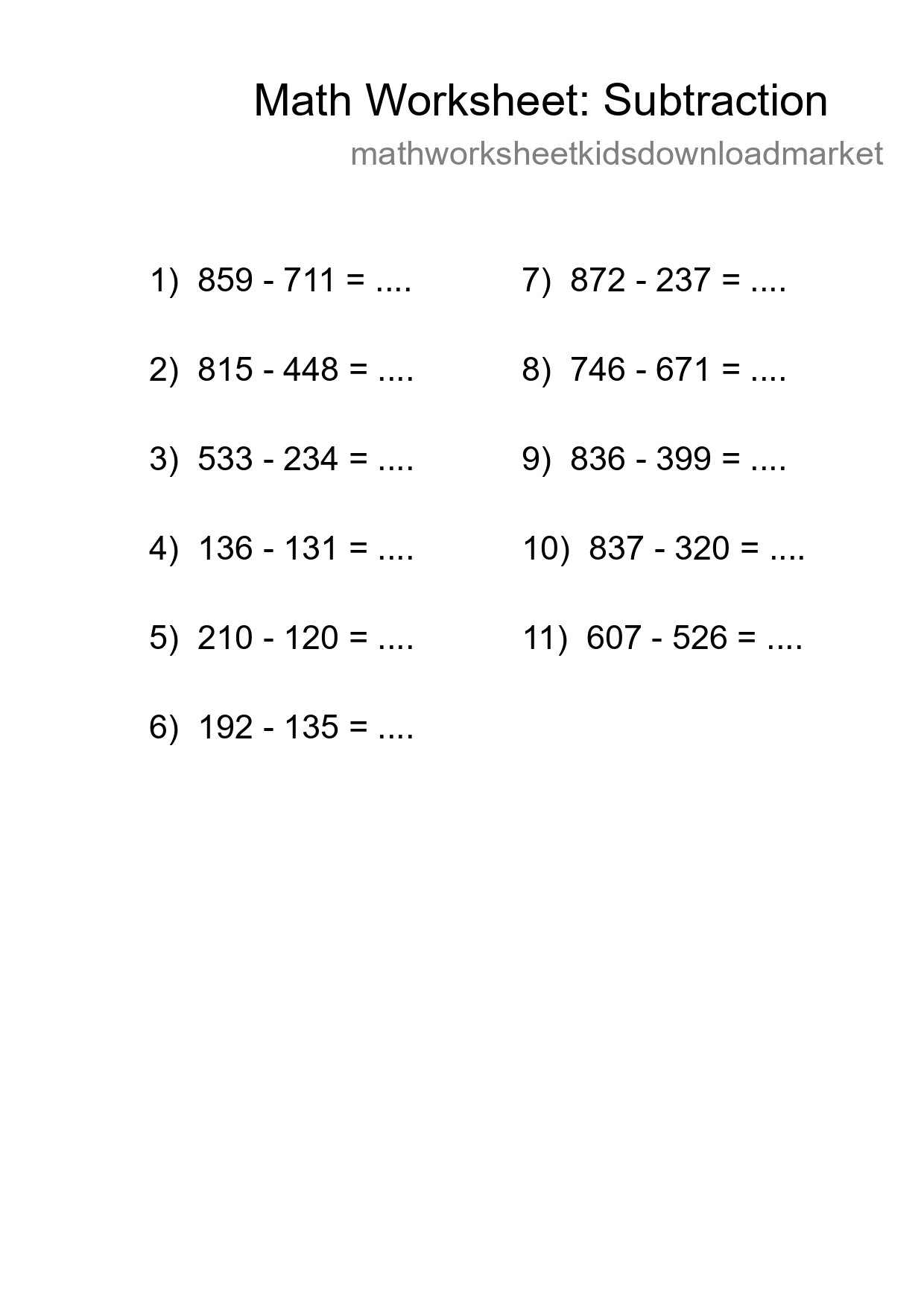 Printable Free 11 Subtraction Math Worksheet For Grade 5 - Part 228