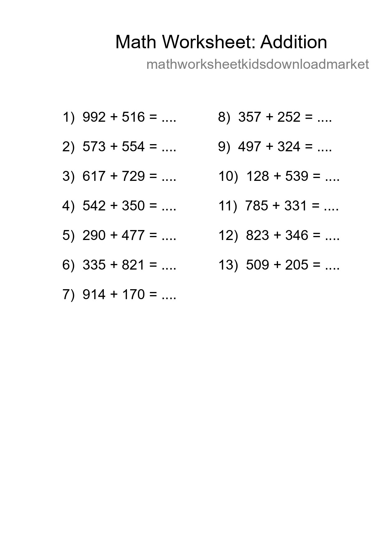Printable Free 13 Addition Math Worksheet For Grade 5 - Part 34
