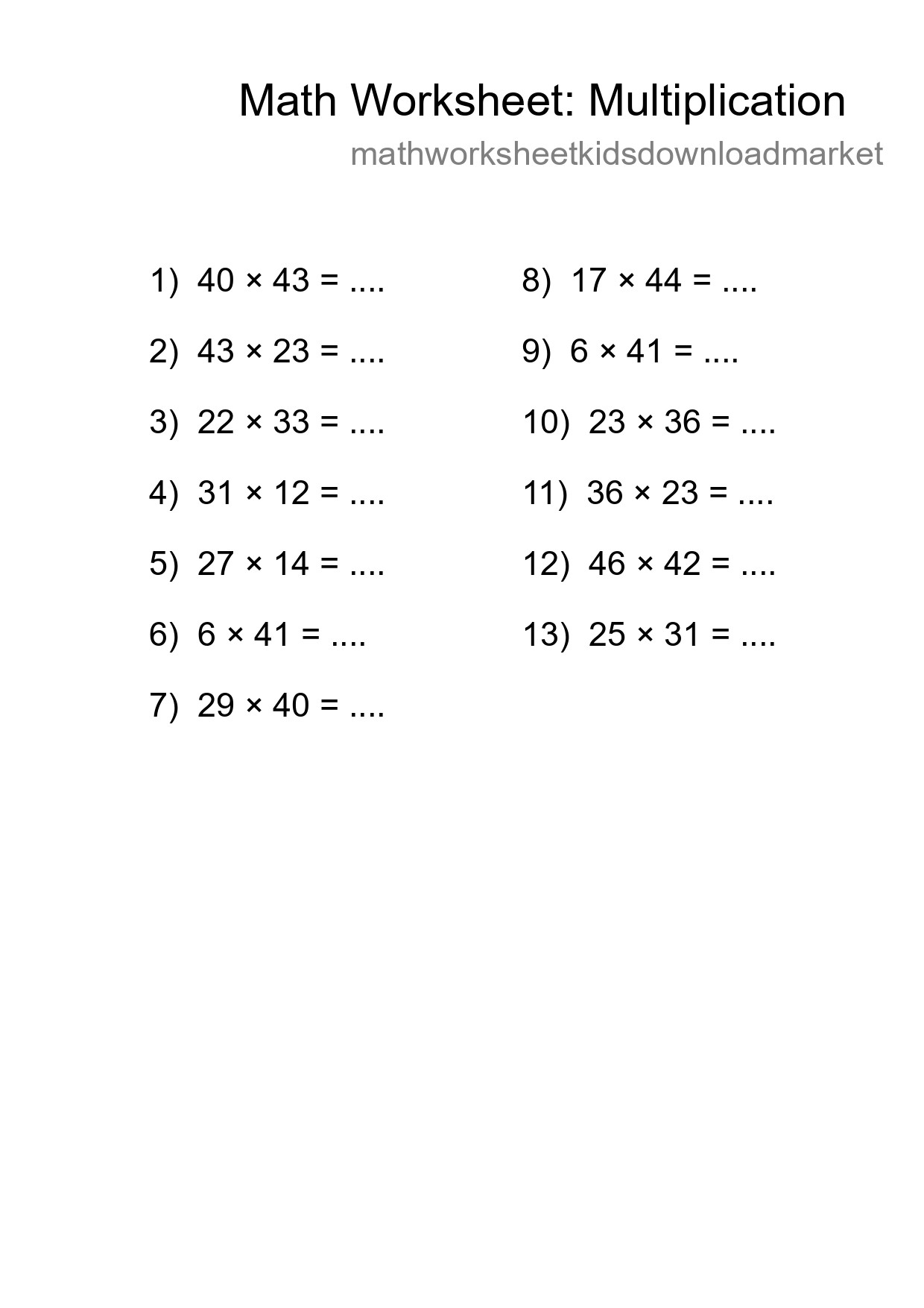 Printable Free 13 Multiplication Math Worksheet For Grade 2 - Part 194