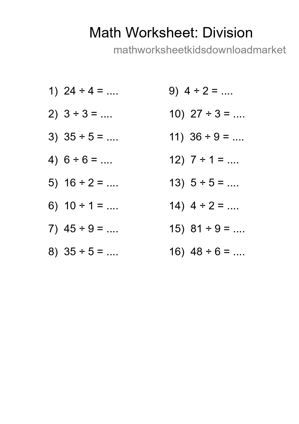 Printable Free 16 Division Math Worksheet For Grade 1 - Part 103