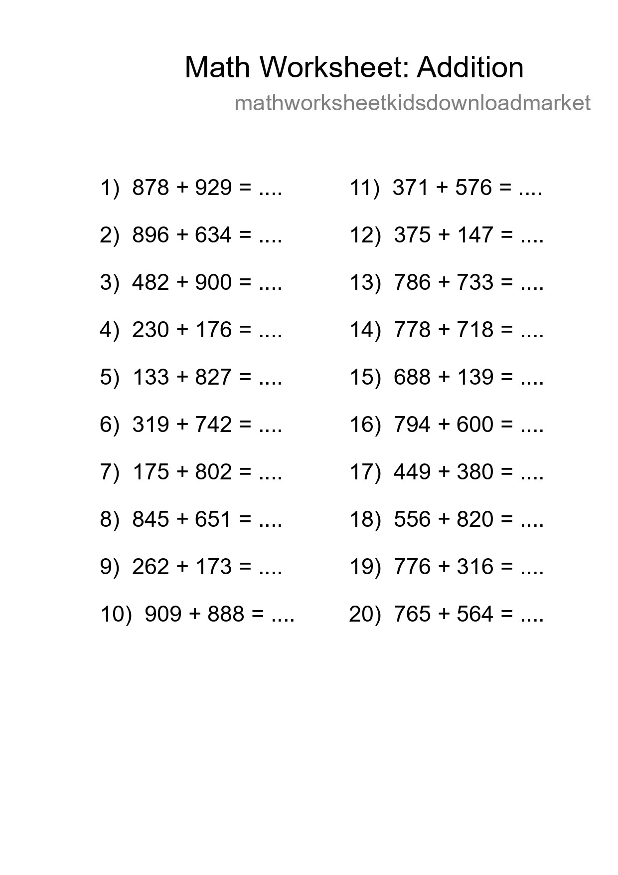 Printable Free 20 Addition Math Worksheet For Grade 5 - Part 232