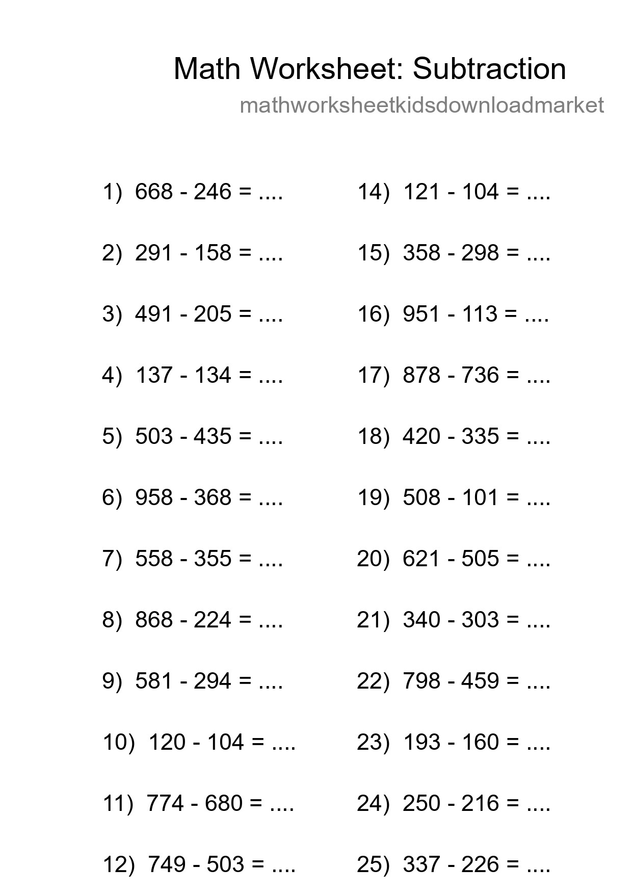 Printable Free 25 Subtraction Math Worksheet For Grade 5 - Part 250