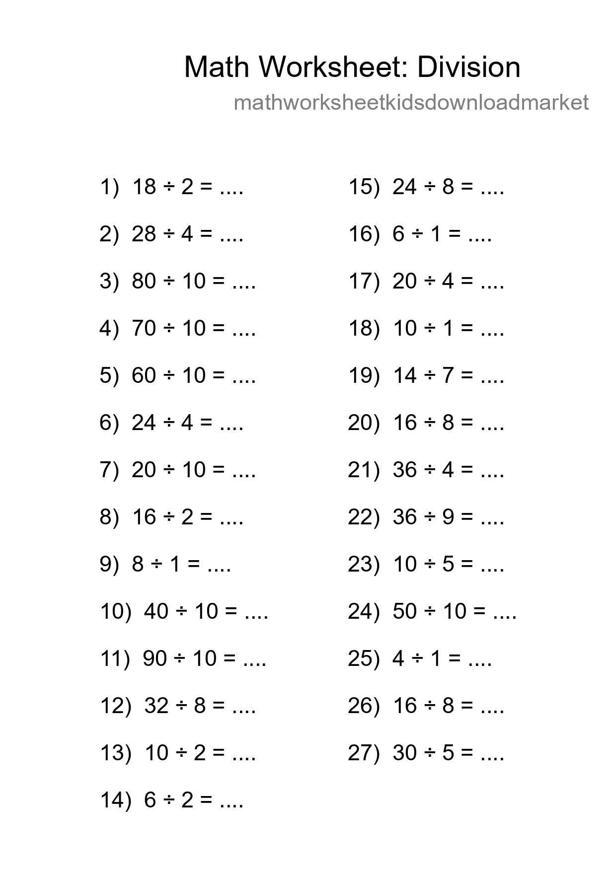 Printable Free 27 Division Math Worksheet For Grade 1 - Part 180