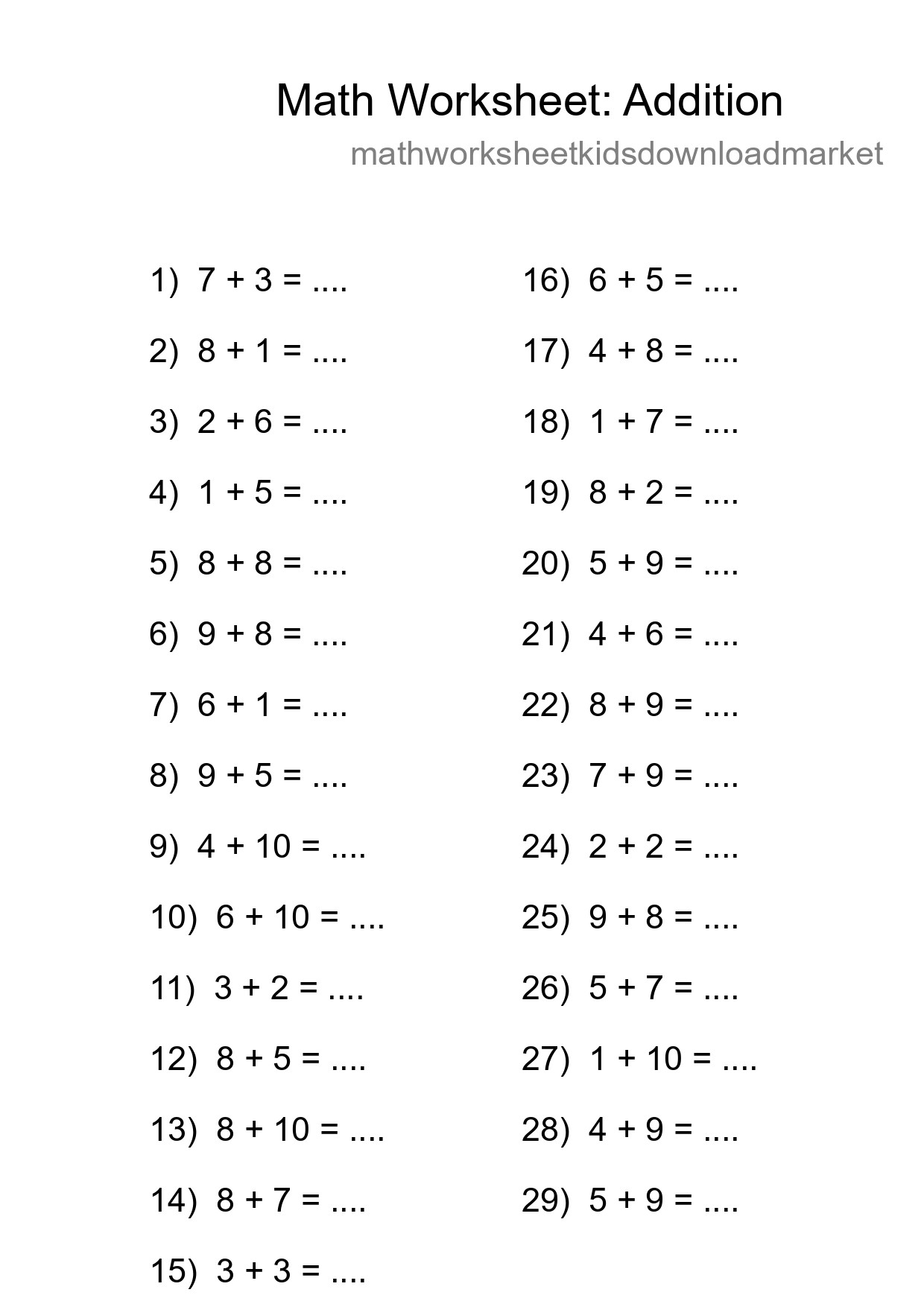Printable Free 29 Addition Math Worksheet For Grade 1 - Part 177